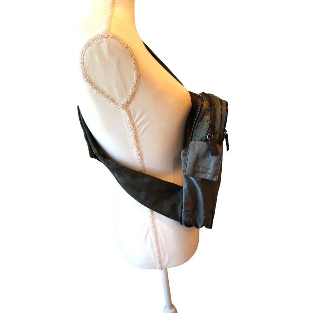 Prada Nylon Crossbody Sling Bag In Gray/green With Wide Strap